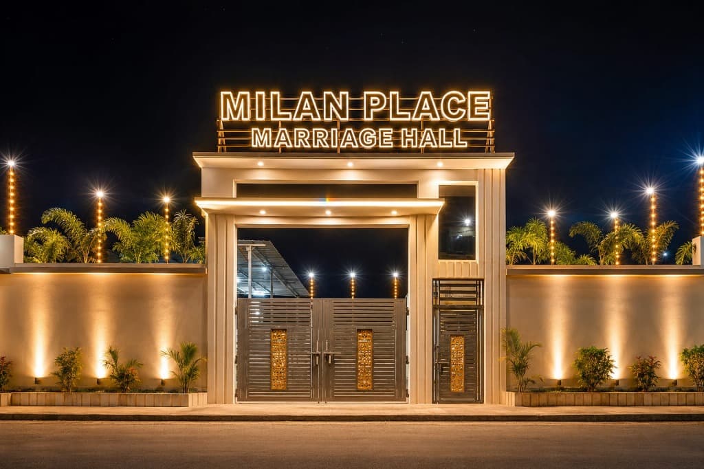 Milan Place Marriage Hall β grand illuminated gate entrance at night, Silao Rajgir